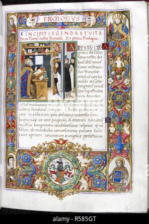 Miniatura di Francesco di Assisi che figurano il biografo, Bonaventura e Tommaso d Aquino di entrare nella cella, folllowed da un domenicano e un francescano. Lo stemma di Giovanni Francesco di Malatesta. I santi francescani nei quattro angoli del confine sono (in senso orario): Antonio di Padova, Ludovico di Tolosa e Bernardino da Siena e chiara. Il mito e la vita di Francesco di Assisi (con miracoli). L'Italia, centrale (Firenze); 1504. Fonte: Harley 3229, f.26. Lingue: Latina. Foto Stock