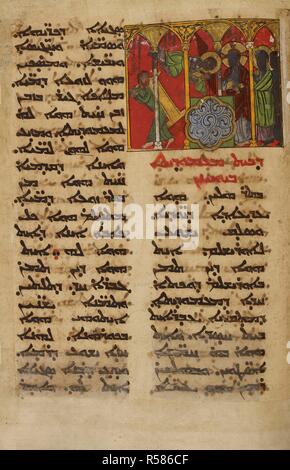 Miniatura mostra la guarigione del paralitico. Gesù guarisce il paralitico che viene poi mostrato andando via che porta al suo letto. Lezionario siriaco. Mosul (Iraq), 1216-1220. Questo manoscritto contiene brani tratti dai Vangeli in ordine liturgico che sono utilizzati come letture in chiesa servizi. Tempera su carta. Fonte: Aggiungi. 7170, f.133. Lingua: Siriaco. Foto Stock