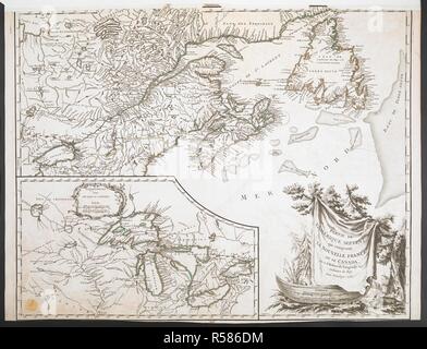 Una mappa che mostra la parte orientale del Canada, che si estende in direzione ovest per includere tutte le del Lago Ontario, e parte della costa atlantica del nord America. Una finestra mappa in una scala più grande mostra il dettaglio della regione dei Grandi Laghi. PARTIE DE L'Amerique SEPTENT? Qui comprend LA NOUVELLE FRANCE OU LE CANADA. [Parigi] : par le Suor Robert de Vaugondy GÃ©og? Ordinaire du Roy. Avec Privilege, 1755. Fonte: Mappe K.Top.119.6. Lingua: Francese. Foto Stock