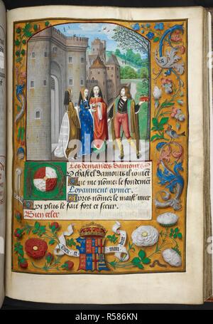 Miniatura del castello di amore, con l'amante affronta tre donne. Un bordo intero contenente il royal braccia di Enrico VII impalato con quelle di Elisabetta di York tra il bianco e il rosso di rose, il motto Yorkist 'Dieu et mon droet', una di piume di struzzo con un motto "Ic dene"; e un iniziale 'D'(u) con un rosso e rosa bianca. Poesie; arte d'amour; Les richieste d'amour; Le fegato dot tutta la grazia che le fait du government d'onu principe. Paesi Bassi, S. (Bruges); terzo quarto del XV secolo, prima del 1483. Fonte: Royal 16 F. II, f.188. Lingua: Francese. Foto Stock