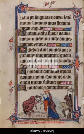 Bas-de-page di scena la Vergine Maria riportando la carta di Teofilo, chi si inchina davanti a lei in gratitudine mentre il diavolo fugge attraverso un cancello nelle vicinanze, con una didascalia di lettura, â€˜Cy r[e]porte n[ost]re dame un teofle la chartreâ€™ . Libro d Ore, uso di Sarum ("Taymouth ore"). Inghilterra, S. E.? (Londra?); secondo quarto del XIV secolo. Fonte: Yates Thompson 13, f.160v. Lingua: Latino e francese. Foto Stock