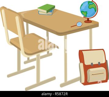 Banco di scuola con forniture scolastiche Icona e logo. Isolato elemento di design. Vettore illustrazione del fumetto. Illustrazione Vettoriale
