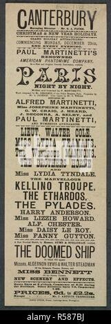 Teatro di Canterbury, Lambeth. Spettacolo natalizio, 1889. Canterbury. Managing Director - il sig. G. A. Payne. Natale & Capodanno festivi. Grand vacanza attrazioni! A partire da Lunedì, Dicembre 23rd, e ogni sera. Paolo Martinetti è rinomato American pantomime company, in una nuova ed originale commedia pantomime, intitolato La Notte di Parigi di notte. Scritto e inventato da P. Martinetti â€¦ supportato da Alfred Martinetti, Miss Josephine Martinetti, G. W. Craig â€¦ [e altri 4] e numerosi dispositivi ausiliari. Lieut. Walter Cole. Miss Lydia Yeamans. La mirabile Mannons. I Fratelli Horne e Miss Lydi Foto Stock