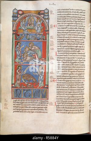 Miniatura in tre registri di le tre Marie al Sepolcro; le tre Marie prima di Cristo risorto; e il leone di Marco, all'inizio del Vangelo di Marco. . La Bibbia ("Floreffe Bibbia"), vol. II (Job - Apocalisse). c 1170. Fonte: Aggiungi. 17738 f.179v. Lingue: Latina. Foto Stock