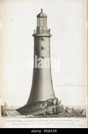 "Sud elavation della pietra faro, completato con la Edystone nel 1759". Questo era il terzo faro costruito sulle rocce di Eddystone, a sud di rame testa, al largo delle coste della Bretagna. Un racconto dell'edificio, e una descrizione della costruzione del faro Edystone ... Per il quale è allegate una appendice, dando conto del faro sul punto di disprezzare. Londra : G. Nicol, 1791. Fonte: 191.g.4 la piastra 8. Autore: Smeaton, John. Foto Stock