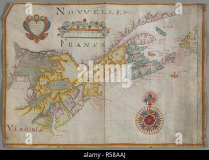 Mappa di â€oeNouvelle Franceâ€, 1648. Nuovo in Francia, in America del Nord. Nouvelle France. Realizzato da William Hack in segno di Gran Bretagna e Irlanda vicino a nuove scale a Wapping. 1648. Wapping, 1684. Willam Hacke. Fonte: Aggiungi. 5414.G2. Foto Stock