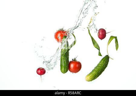 I pomodori freschi, cetrioli, Rafano in spray di acqua. Foto Stock