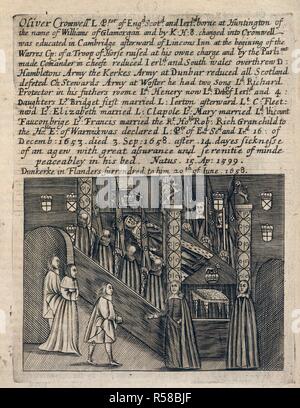 Persone in lutto la visualizzazione di un'effigie della fine del protettore, Oliver Cromwell, giacenti nello stato in Somerset House. L effigie fu regally vestito, e una corona è stato posto su una sedia di stato dal letto. Alcuni più intelligenza di affari di Inghilterra. La morte del celebre Oliver, signore Protector di Inghilterra, Scozia e Irlanda. Con una esatta relazione come Somerset-House è stato preparato per la sua effigie. T. Jenner: Londra, 1659. Fonte: C.55.C.9, pagina di fronte 8. Lingua: Inglese. Foto Stock