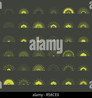 Grande set di retrò sole forme di burst. Vintage logo, etichette, scudetti. Progettazione di vettore di elementi isolati. Il minimo di oro raffica di fuochi d'artificio. Illustrazione Vettoriale