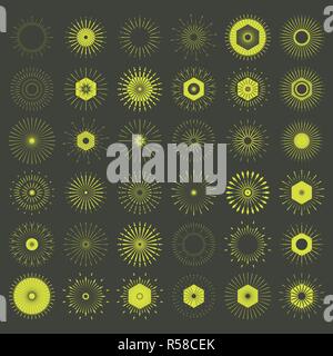 Grande set di retrò sole forme di burst. Vintage logo, etichette, scudetti. Progettazione di vettore di elementi isolati. Il minimo di oro raffica di fuochi d'artificio. Illustrazione Vettoriale