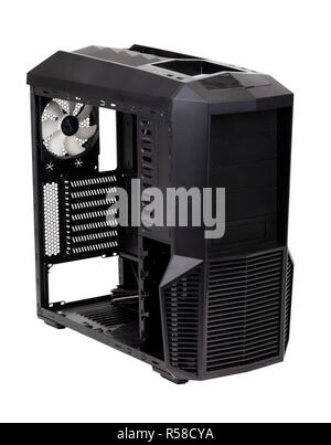 Vista posteriore del vuoto computer desktop tower case isolate su sfondo bianco per nuovi moderni mainboard con processori di nuova generazione Foto Stock