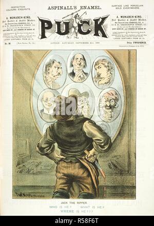 Jack lo Squartatore sospetti. Puck. Londra, 21 settembre 1889. Jack lo Squartatore'. "Chi è ? Che cosa è ? Dove si trova ???". Immagine presa dal puck. Originariamente pubblicato/prodotto in Londra, 21 settembre 1889. . Fonte: Colindale, front page. Lingua: Inglese. Autore: allegro, Tom. Foto Stock