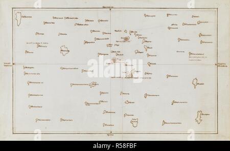 Diagramma delle Isole della Società, con Otaheite [Tahiti] nel centro. Luglio-agosto 1769. I grafici e le mappe realizzate durante il viaggio di scoperta nel sud dell'Oceano Pacifico, dal capitano James Cook, comandante della Endeavor, nel 1769 e 1770. 1769. Fonte: Aggiungi. 21593 C,. Lingua: Inglese. Foto Stock