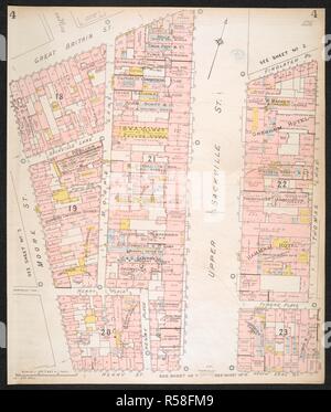 La sezione di una polizza di assicurazione della città di Dublino, che mostra le strade di entrambi i lati della parte superiore di Sackville Street. Piano di assicurazione della città di Dublino ... [Da] C.E. Pungolo ... Scala, 40 ft. = 1 inch ... Key-Plan, 600 ft. = 1 inch. Vol. 1. Londra : C.E. Pungolo, 1893. fol.; Scala, 40 ft. = 1 inch ... Key-Plan, 600 ft. = 1 inch. Fonte: maps.145.b.4.(2) foglio 4. Foto Stock