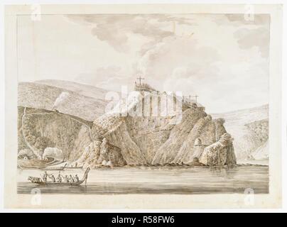 Indian fortificazione o Hippah, sull'Isola di Achei mette nessuna Mouwe [Motuaro], Baia delle Isole, Nuova Zelanda. Disegni in inchiostro di china, illustrativi di Capt. Cuocere primo viaggio, 1768 -1770, principalmente relative a Otaheite e Nuova Zelanda, da A. Buchan, John F. Miller ed altri. Dicembre 1769 (disegnata 1772). Lavare il disegno con colori. Dimensioni: 305 x 428 . Fonte: Aggiungi. 15508, f.20, No.22. Lingua: Inglese. Autore: BARRALET, Giovanni Giacomo. Foto Stock
