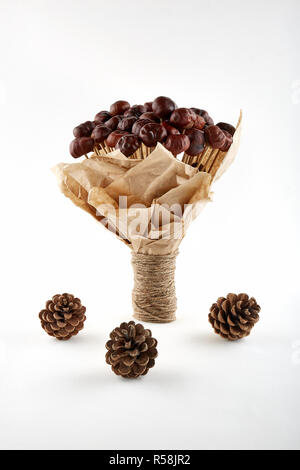 Bouquet fatto di castagne in carta artigianale con i coni. Foto Stock