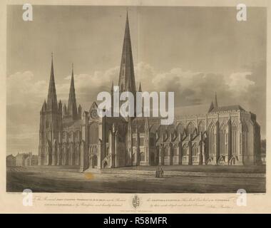 Sud Est Vista della facciata ovest della Chiesa Cattedrale di Lichfield. S.E. Vista della facciata ovest di Lichfield Cathedral. 1808. Fonte: Mappe K.Top.38.45.n. Lingua: Inglese. Autore: scudo, J. Foto Stock