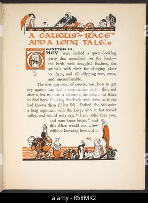 Pagina da "Caucus gara e un lungo racconto' con un'illuminata lettera T, e le illustrazioni di Alice e vari animali. Alice nel paese delle meraviglie / da Lewis Carroll ; illustrato da Gwynedd M. Hudson. [Londra?] : Hodder e Stoughton, [1922?]. Fonte: YA.1997.b.4119 Pagina 29 dettaglio. Foto Stock
