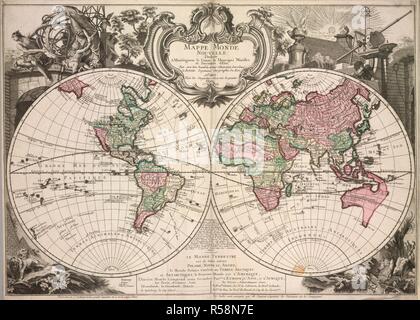 Un emisfero doppia mappa del mondo. Mappe Monde nouvelle. 1744. Fonte: Mappe K.Top.4.26. Autore: Rouge, Le. Foto Stock