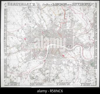 Cruchley del nuovo piano di Londra e i suoi dintorni. Cruchley del nuovo piano di Londra e i suoi dintorni / incisi da Cruchley. Londra : pubblicato da Cruchely, mappa-venditore, n. 81 Fleet Street da 38 Ludgate Street, 1847. In primo luogo pubblicato in 1828; ultima ed. rilasciato ca. 1851 con la Mostra Internazionale di Hyde Park mostrato. Mappa è suddiviso in caselle e frontiere contrassegnate da lettere di riferimento. Battersea e parchi di Victoria mostrato; ferrovie in progressi mostrati da pecked linea. Fiume, dock, ferrovie, alcune strade e spazi verdi colorati; confini del metropolitan boroughs mostrato in colore. 1 mappa : mano col. ; 118 x 1 Foto Stock