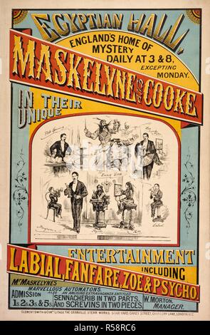 Maskelyne & Cooke di intrattenimento presso la Sala Egizia nel 1879. L'Inghilterra del home di mistero. Maskelyne e Cooke nel loro unico intrattenimento compreso labiale, fanfare, Zoe & Psycho. Il sig. Maskelyne i meravigliosi automi. Anche un divertente spettacolo dal titolo Sennacherib in due parti e Screvins In due pezzi. W. Morton, manager. La filatura della piastra. Elixir vitÃ¦. Zoe e suo papà. Labiale. Zoe. Psycho. . Una collezione di opuscoli da locandine e stampati vari in materia di intrattenimento in stile vittoriano e la vita di tutti i giorni. Clemente Smith & Com.py, Lithos. Il Granville opere di vapore, Stella Cantiere, Foto Stock