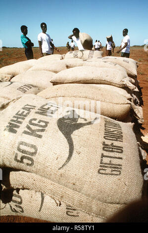 1993 - Gli uomini del villaggio di Maleel Somalia pila di sacchi di grano consegnato da Marine elicottero pesante Squadron 363 (HMH-363) durante la multinazionale soccorsi Restore Hope. Foto Stock