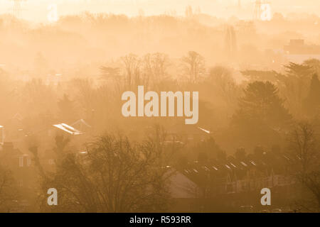 Londra REGNO UNITO. Il 30 novembre 2018. Elevato angolo di visione del paesaggio nebbioso inondata di sole all'alba a Wimbledon Credito: amer ghazzal/Alamy Live News Foto Stock