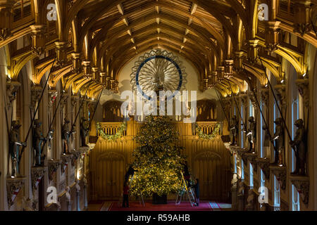 Windsor, Regno Unito. 30 Novembre, 2018. Gli Appartamenti di Stato al Castello di Windsor sono state decorate con scintillanti alberi di Natale e scintillanti luci di Natale. Visto qui in St George's Hall un sorprendente 20ft Nordmann abete dal Windsor Great Park vestito d'oro. Un 15ft albero di Natale viene visualizzato anche nell'Crimson Drawing Room. Credito: Mark Kerrison/Alamy Live News Foto Stock