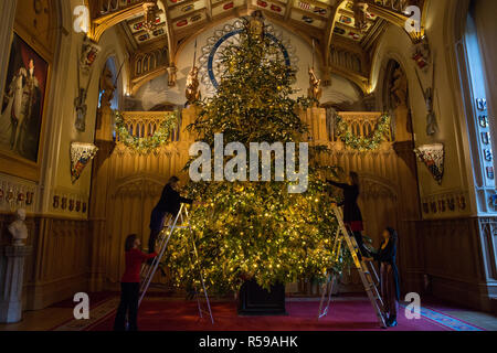 Windsor, Regno Unito. 30 Novembre, 2018. Gli Appartamenti di Stato al Castello di Windsor sono state decorate con scintillanti alberi di Natale e scintillanti luci di Natale. Visto qui in St George's Hall un sorprendente 20ft Nordmann abete dal Windsor Great Park vestito d'oro. Un 15ft albero di Natale viene visualizzato anche nell'Crimson Drawing Room. Credito: Mark Kerrison/Alamy Live News Foto Stock