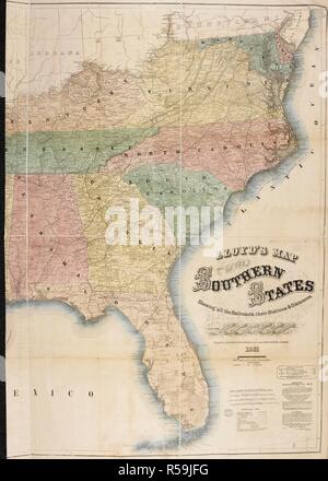 Una mappa del sud degli Stati Uniti del Nord America. Lloyd's Mappa del sud degli Stati Uniti che mostra tutte le linee ferroviarie, le loro stazioni e distanze, anche le contee, Borghi, porti, fiumi e fortezze. ... Scala di statuto miglia ... 100[ = 85 mm]. New York e Londra : J.T. Lloyd, 1861. Fonte: Mappe 71495.(44). Lingua: Inglese. Foto Stock