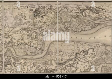 Mappa di sud-est dell'Inghilterra. Indagine generale di Inghilterra e Galles. Un modo del tutto nuovo e uno studio accurato della contea del Kent fatto sulla base dei sondaggi trigonometrical portati su sotto la direzione di Capt. W. Mudge. Thos. Piedi incisore. Scala di miglia, 5[ = 125 mm]. Londra : W. Faden, 1801. Fonte: maps.8.C.38. Lingua: Inglese. Foto Stock