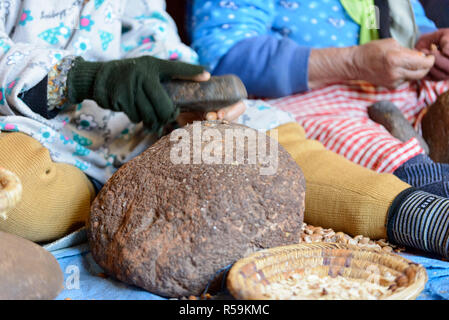 01-03-15, Marrakech, Marocco. Una dimostrazione per i turisti per la fabbricazione di olio di Argan nel sub-Atlas regione berbera. Foto: © Simon Grosset Foto Stock