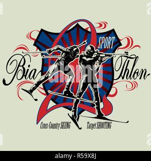 Badge di biathlon con gli atleti olimpici, immagine vettoriale Illustrazione Vettoriale