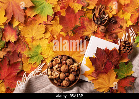 Autunno laici piana. Il Libro bianco, ciotola di legno di dadi, tazza di caffè, il cono, cannella sopra beige plaid e foglie colorate sullo sfondo. Hygge e accogliente ancora lif Foto Stock