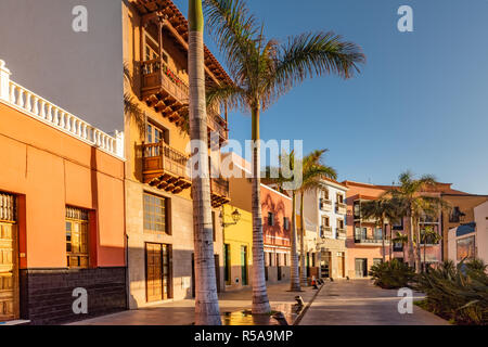 Case colorate, palm sulla strada di Puerto de la Cruz città Tenerife Isole Canarie Foto Stock