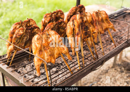 Grigliare il pollo nel bastone di bambù Foto Stock