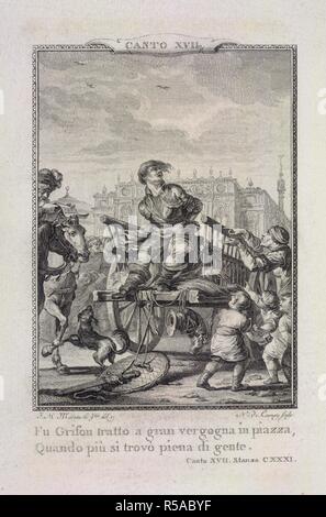 Prigioniero. [Orlando Furioso ... (Cinque canti.-Vita di MSR. L. un prigioniero di essere trasportati su un carrello. Immagine presa da [Orlando Furioso (Cinque canti.-Vita di MSR. L. Ariosto di annotazioni aumentata.-Illustrazioni al Furioso.-Catalogo delle migliori edizioni dell' Orlando Furioso.)]. . Fonte: G.11332-34 , di fronte 145. Lingua: Italiano. Foto Stock