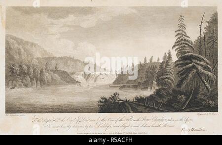 Alberi sul lato destro; ChaudiÃ¨re del fiume e cade nella terra di mezzo; colline in lontananza. A destra Honble il Conte di Dartmouth, questa vista delle cascate del fiume Chaudiere, prese in loco... Londra : pubblicare'd come l' atto dirige Novr 1 1777 da W. Byrne n. 69 Wells Street, Oxford Street., [1 novembre 1777]. Attacco chimico. Fonte: Mappe K.Top.119.45. Lingua: Inglese. Foto Stock