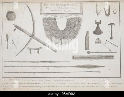 Mobili per la casa, le armi e gli strumenti utilizzati dagli abitanti del mare del sud le isole. Include: Basket,Mallet,scalpello,Bow,la faretra,sgabello lancia,ecc. Grafici, piani, viste e disegni presi a bordo lo sforzo durante la Captain Cook primo viaggio, 1768-1771. 1768-1771. Fonte: Aggiungi. 7085, No.9. Autore: COOK, JAMES. Foto Stock