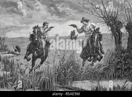 Cowboy americani duello con pistole da cavallo, xilografia, 1885, STATI UNITI D'AMERICA Foto Stock