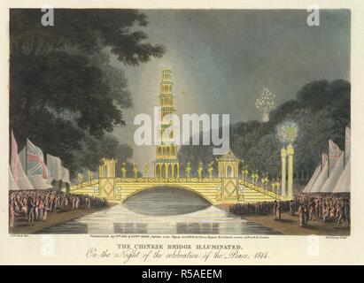 Il ponte di cinesi. Un ricordo storico, che rappresentano i diversi. Edward Orme: Londra, 1814. Il ponte cinese illuminato la notte della celebrazione della pace, 1814". In St James Park. La Pagoda che è stato illuminato con luci a gas, preso fuoco l'ultimo giorno del festival e crollò nel lago, uccidendo due uomini e alcuni cigni. Immagine presa da un memento storico, che rappresentano le diverse scene di pubblica esultanza, che ha avuto luogo il primo di agosto, in St James e Hyde Parks, Londra, nella celebrazione della gloriosa la pace del 1814, e del centenario della Foto Stock