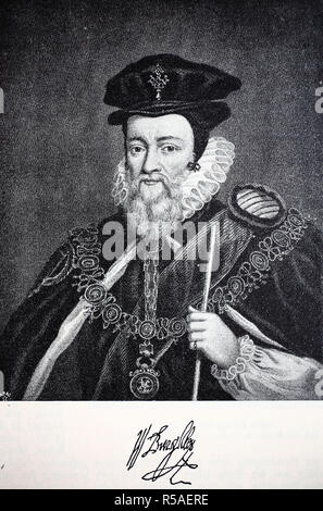 William Cecil, primo Baron Burghley, Settembre 13, 1521, 4 agosto 1598, politico e statista leader, xilografia, Inghilterra Foto Stock