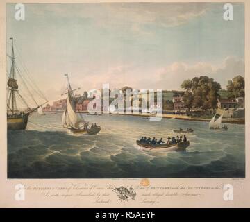 "Per gli ufficiali e i volontari di Cowes ... Vista del west Cowes e i volontari su parade'. [Cinque viste nell'Isola di Wight, che rappresentano diverse recensioni del Corpo dei volontari del posto, da B. Livesay; incise dai pozzetti]. 1799- 1800. Fonte: maps.K.Top.15.14.c. Foto Stock