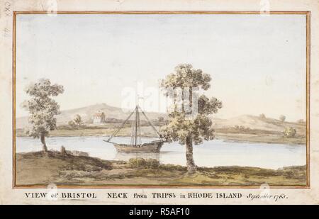 Vista di Bristol collo dai viaggi in Rhode Island, 1765. Una nave naviga sul fiume Runnins, visto dalla Provvidenza Waterfront, con casa sulla sponda opposta e basse colline in background; entro washlines. . Vista di Bristol collo dal viaggio in Rhode Island Settembre 1765. Settembre, 1765. 1 disegno : acquerello ; foglio 19.8 x 30.9 cm. Fonte: Mappe K.Top.120.44. Foto Stock