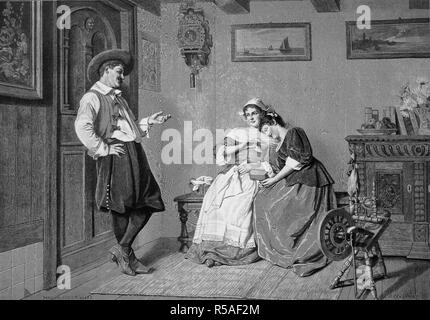 Situazione in un soggiorno nel 1850, il giovane uomo teases due donne, ruota di filatura, fidanzate, flirt, xilografia, Francia Foto Stock