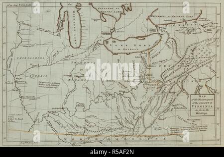 Una mappa delle parti occidentali della colonia della Virginia. Mappa delle parti occidentali della colonia della Virginia, per quanto riguarda il Mississipi. [Londra] : [Thomas Jefferys], [1754]. Incisione su rame, mano colore nel profilo. Fonte: Mappe K.Top.122.46. Lingua: Inglese. Foto Stock