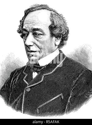 Benjamin Disraeli, 1° Conte di Beaconsfield, 21 dicembre 1804, 19 aprile 1881, Primo Ministro del Regno Unito, xilografia Foto Stock