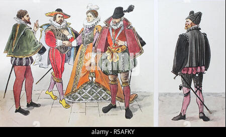 Moda, costumi, abbigliamento in Germania durante la moda spagnola intorno al 1550-1600, 1585 da sinistra, un uomo in costume spagnolo, Foto Stock