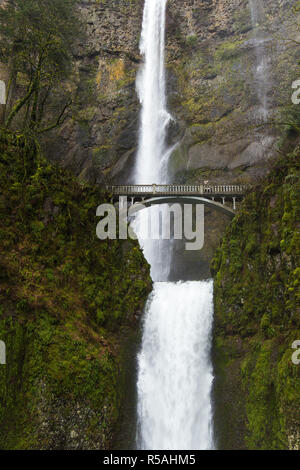 Enorme e spettacolare cascata durante la nebbia e la giornata piovosa, cascate Multnomah, Oregon Foto Stock