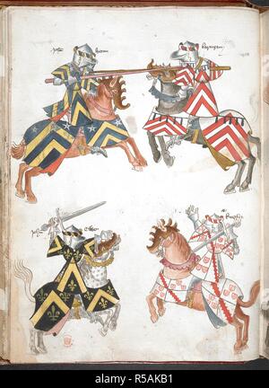 Cavalieri alla giostra. Rotolo di militari di bracci (manoscritto conosciuto anche come Sir Thomas Holme il libro dei bracci). Parte 2 e segg. 9-40V. Inghilterra, S. E. (probabilmente a Londra). Prima di 1448, c. 1446. Numerosi disegni colorati di combattente montato cavalieri in armatura e tabard. Fonte: Harley 4205 f.20v. Lingua: Gotico corsivo. Foto Stock